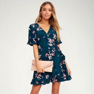 LULUS - Dalton Teal Blue Floral Print Ruffled Wrap Dress